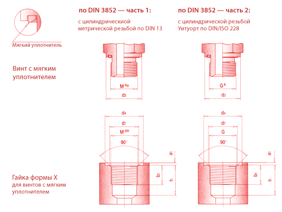Screw-in taps and screw-in holes with elastomer sealing caused by soft sealings DIN 3852